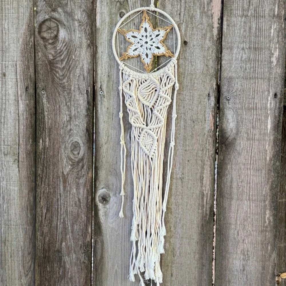 Boho Macrame Wall Hanging Crochet Star Heart Fringe Cream Tan Dreamcatcher Style